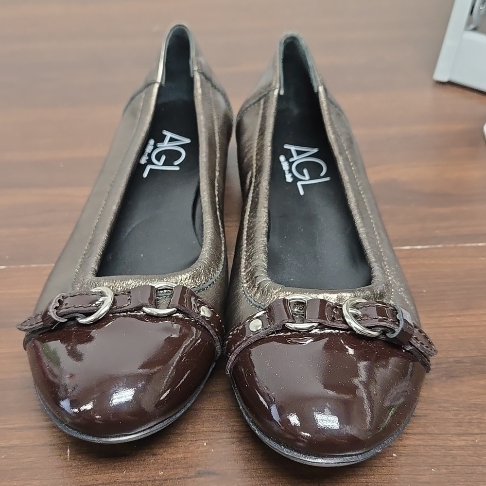 AGL Size 37.5 Brown Metallic Leather Ballet Flats